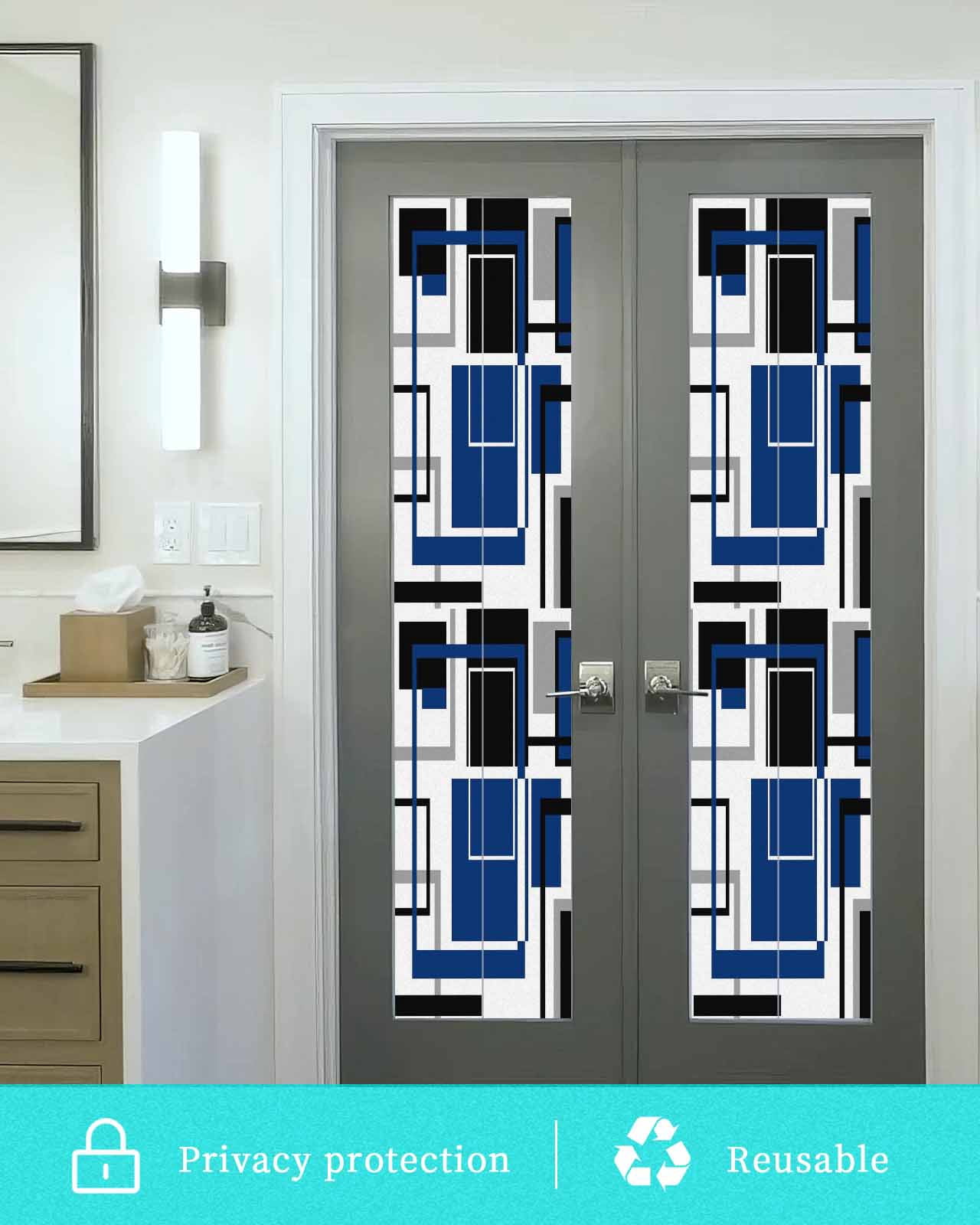 Window Privacy Film Blue Black Geometric Stained Glass Window Film Decorative Sun Block Window Cover Modern Minimalist Abstract Stripes Window Clings Static Adhesive Sticker for Bathroom 17.7"x78.7"
