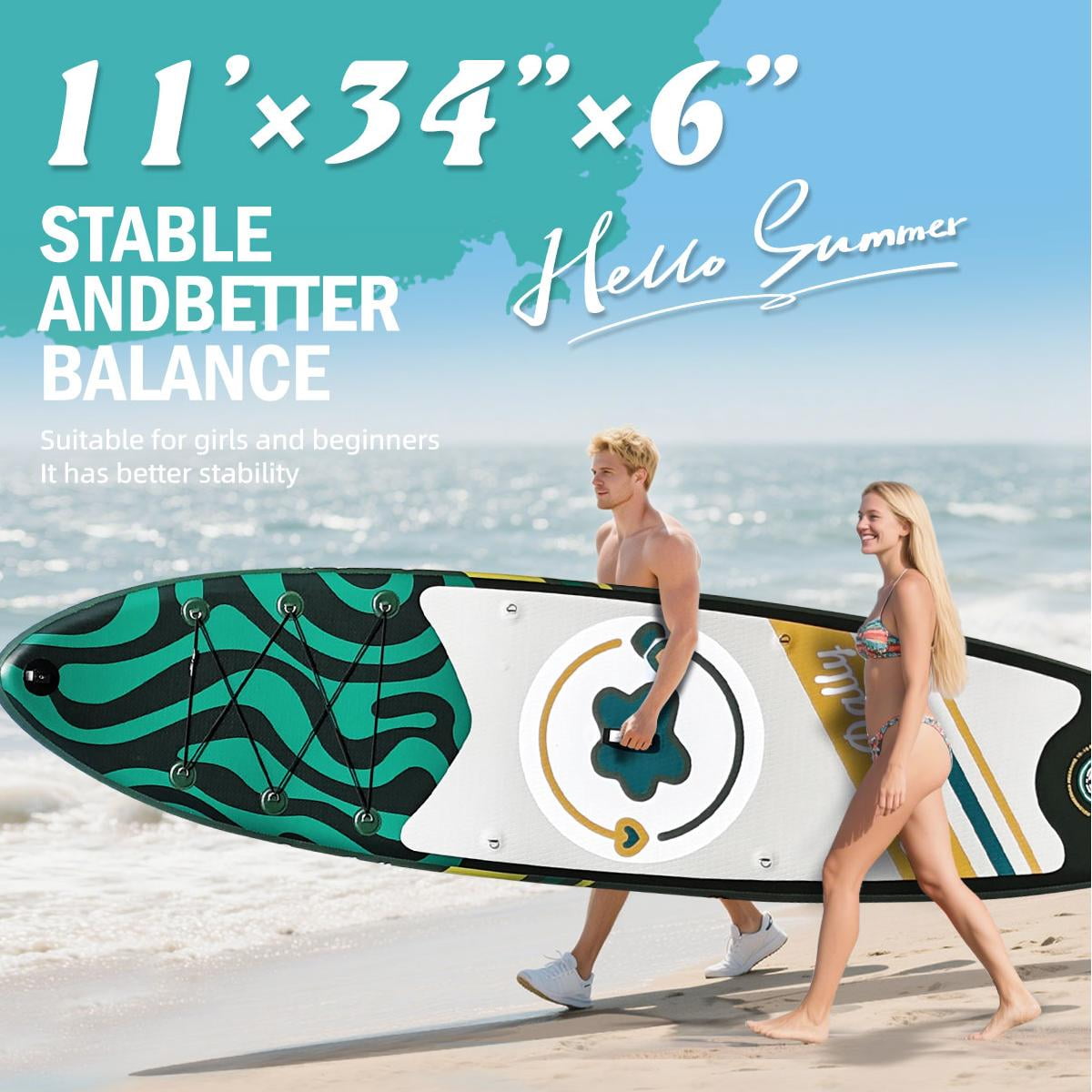SamamDally 11' Inflatable Paddle Boards for Adults, 34'' Wide All-Around SUP Boards with Premium Accessories, Adjustable Paddle, Removable Fins, Hand Pump & Waterproof Bag (Forest Green)