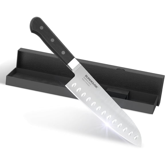 Sunhouse 7 inch Santoku Knife, AUS-8 Stainless Steel – Superior 59HRC Hardness with Ergonomic Handle