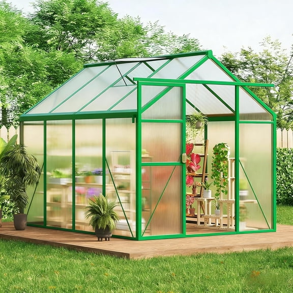 6x8 Ft Polycarbonate Outdoor Greenhouse Kit with Sliding Lockable Door and Vent Windows