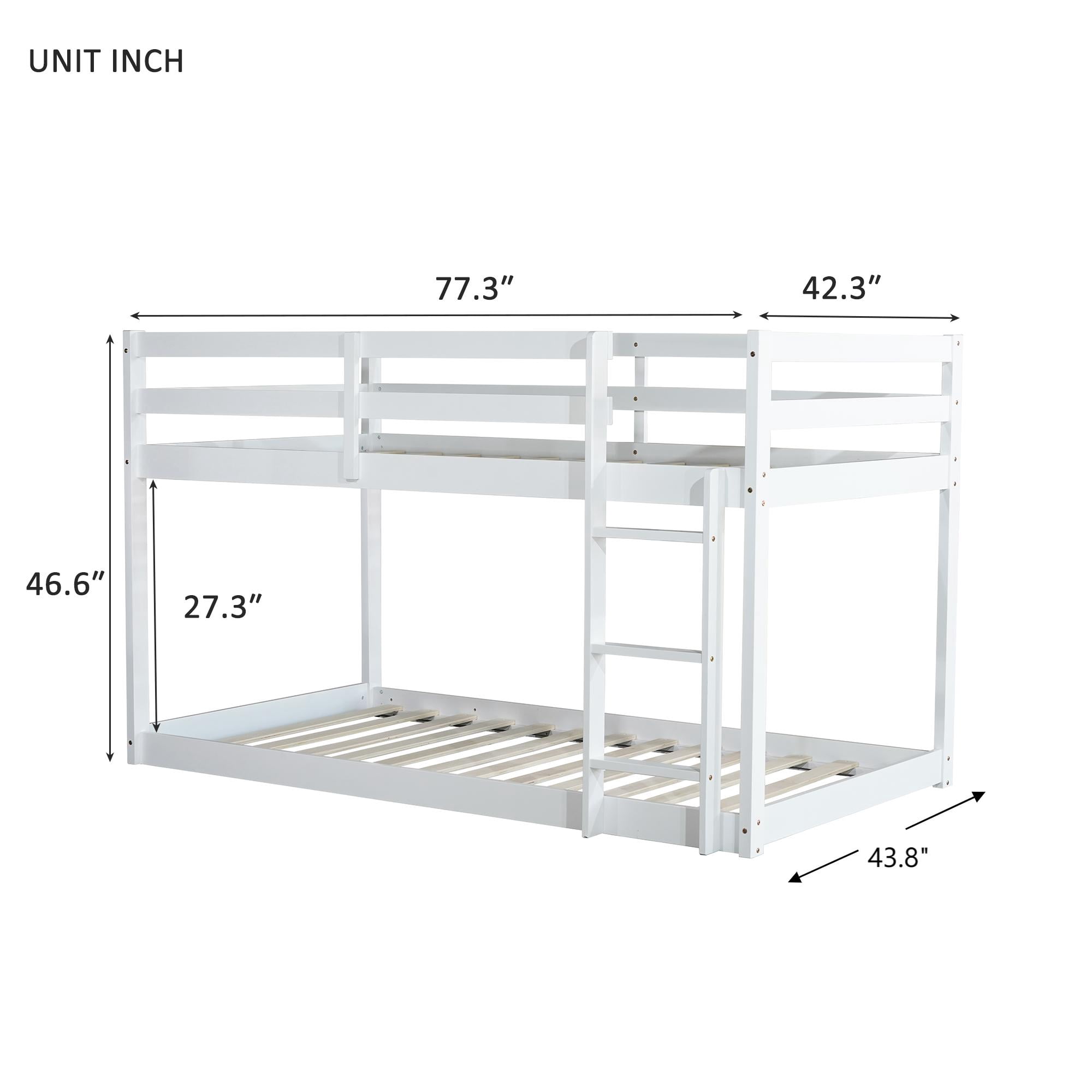 Sailvan Twin over Twin Floor Bunk Bed with Ladder, Solid Wooden/Solid Rubber, Upper and Bottom Bed Platforms crafted with Strengthened Slats