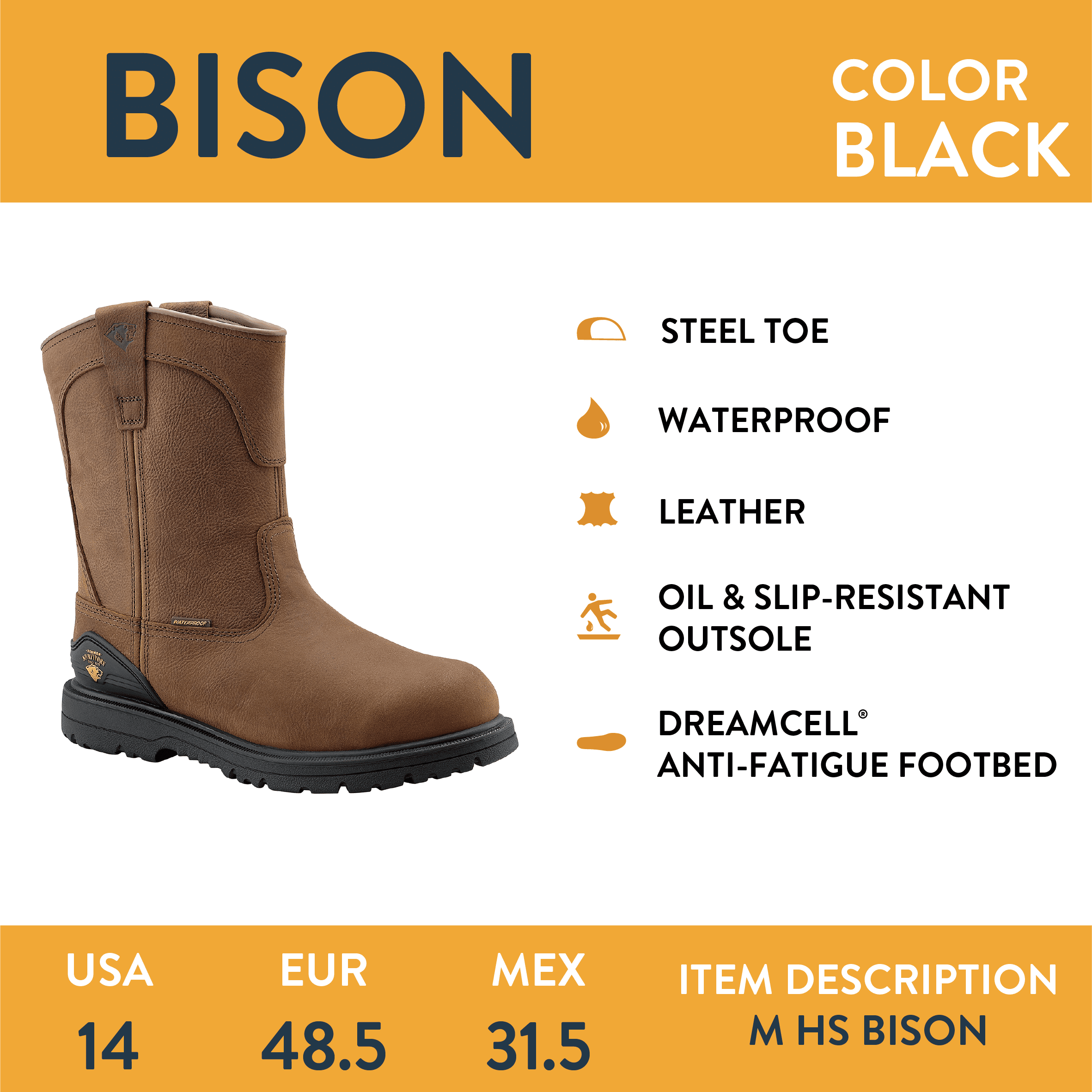Herman Survivors Men's Bison Waterproof Pull On Steel Toe Work Boots