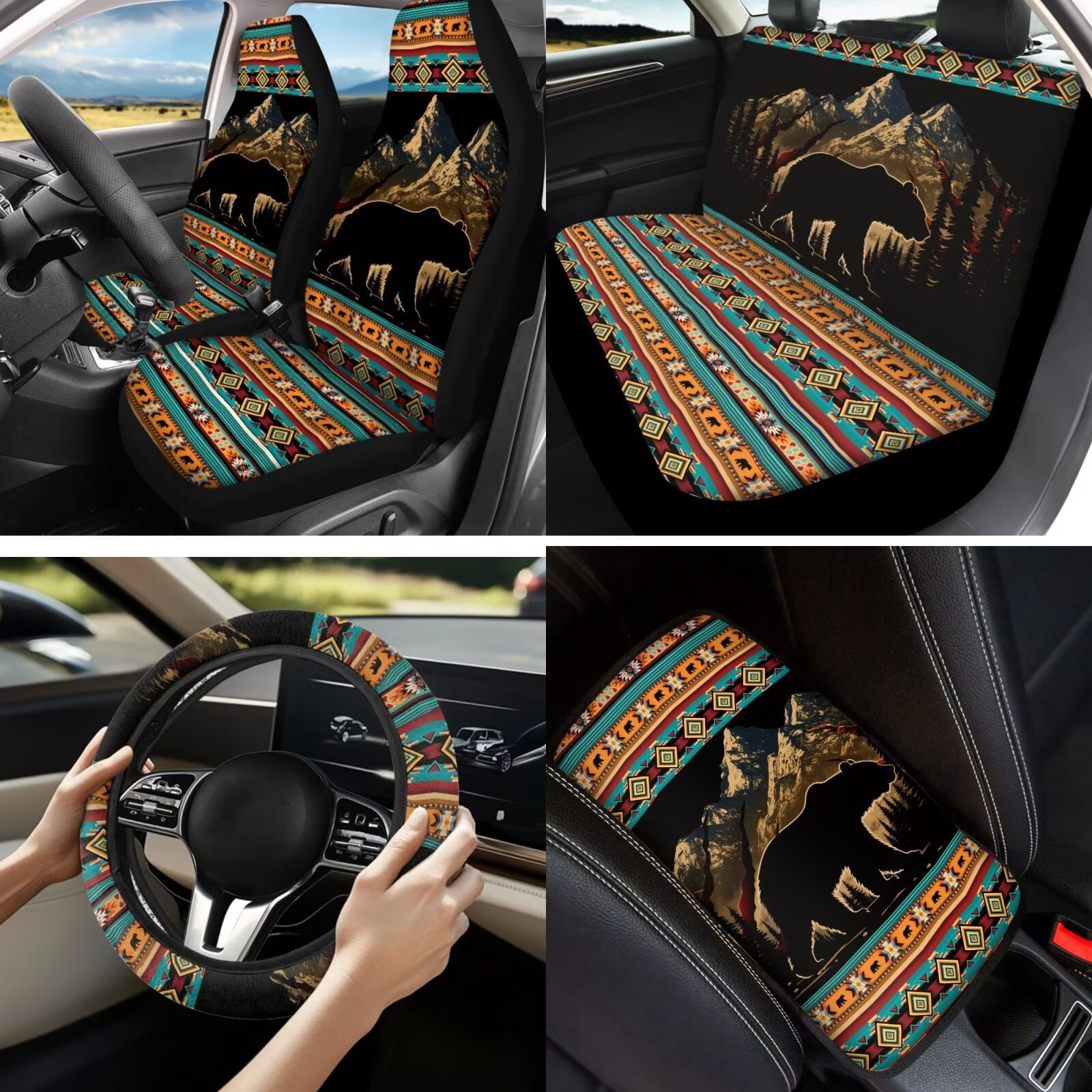 Garronmavis Aztec Bear Women's Auto Accessories 13 Piece Car Seat Cover Set with Steering Wheel Cover Seat Belt Cover Key Fob Lipstick Cover Coaster Protective Cover for Trucks Van SUV