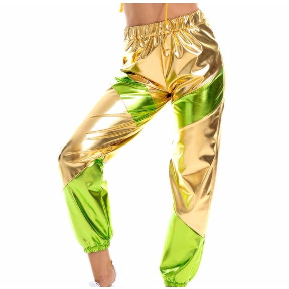 Womens Shiny Metallic High Waist Stretchy Jogger Pants, Hip Hop Club Wear Holographic Color Trouser Sweatpant Streetwear