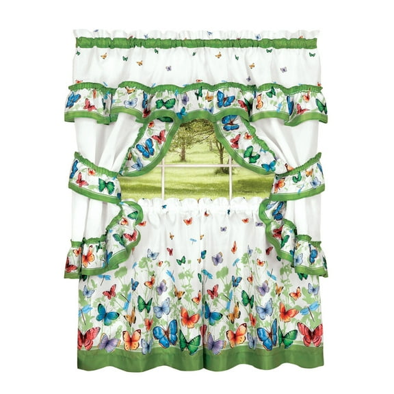 Collections Etc Butterfly Ruffled Tier Window Curtain Set with Sage Green Trim- Includes 2 Panels, 2 Tie Backs, and Swag Valance, 57" X 36"
