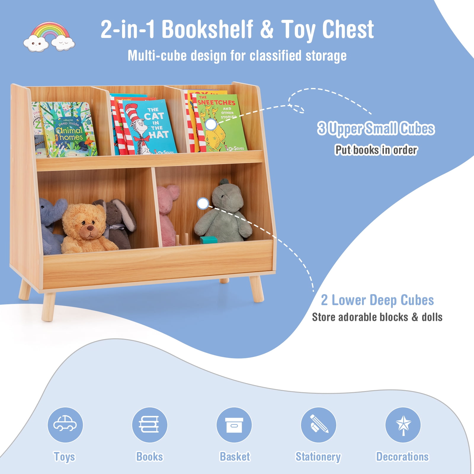 Infans 5-Cube Kids Bookshelf and Toy Organizer Wooden Storage Bookcase w/ Wood Legs