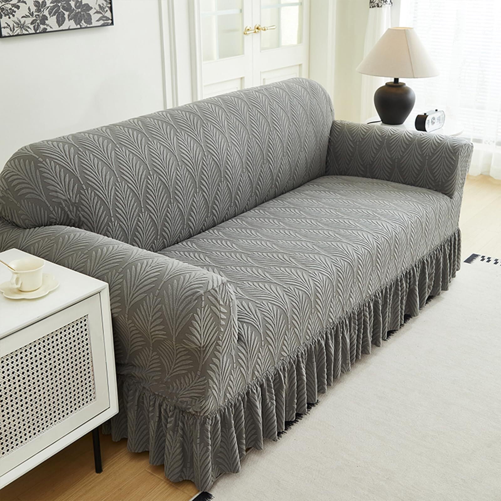 LKJYER Stretch Sofa Couch Slipcover with Skirt, Non-Slip Jacquard Universal Soft Sofa Cover with Elastic Bottom, Pet Proof Washable Breathable Furniture Protector for Living Room,