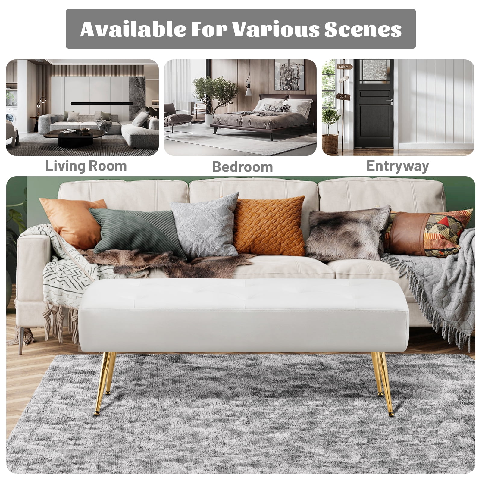 Furniliving  PU Ottoman Bench Modern Mudroom Bench Shoe Bench Upholstered Bedroom Bench,Ivory White