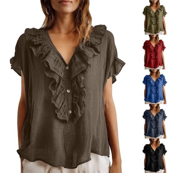 Ihhxva Women Cotton Tops Loose Fit Summer V-Neck Ruffle Blouse Casual Linen Top Flowy Boho Chic Beach Vacation Tunic S-2XL