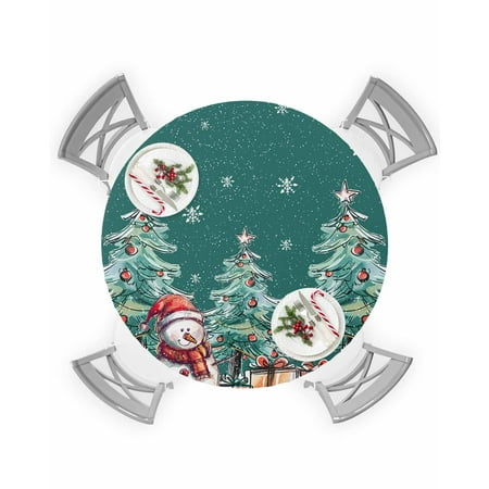 

Round Tablecloth with Elastic Merry Christmas Red Snowman Snowman Xmas Pine Tree Green Waterproof Table Cover Wipeable Fitted Table Cloths for 45 -54 Round Tables Dining Kitchen Indoor Outdoor Use
