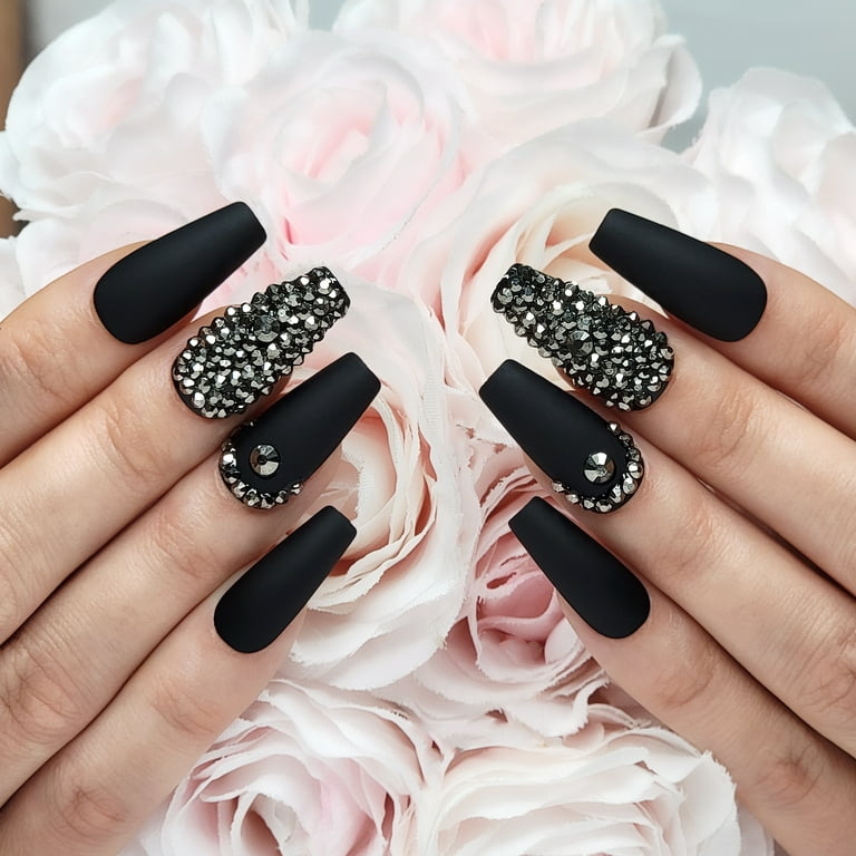 Hypnaughty 24 Pcs Rhinestone Noir Coffin Press On Nails with Design and  Glue Matte Black Ombre Glitter and Rhinestones Long Fake Nails 