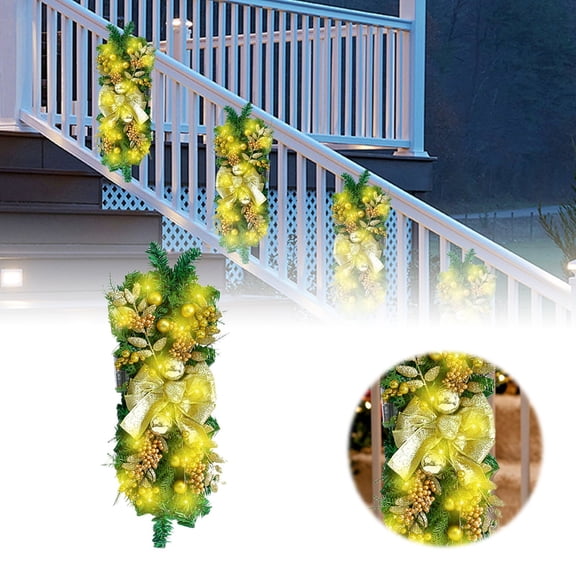 LED Christmas Swag Prelit with Shatterproof Ornaments and Berries,Cordless Light Up Stairway Swag Garland for Front Door Stair Windows Fireplace Wall Hanging Decor,Xmas Decor with Bowknot
