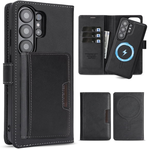 for Samsung Galaxy S26 Ultra 3-in-1 Wallet Case, Detachable Magnetic Wallet Case and Detachable Magnetic Card Bag, Kickstand Full Body Protection Multi-Functional PU Leather Rugged Cover, Black