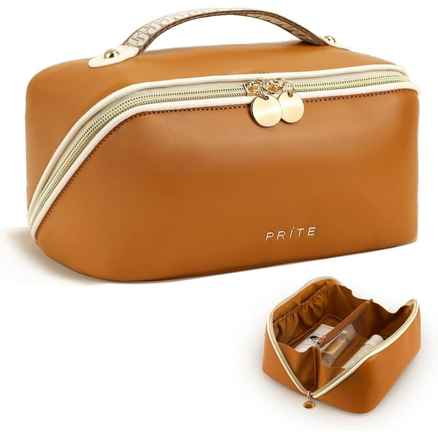 Bolsa de maquillaje Prite Travel impermeable de piel vegana marrón