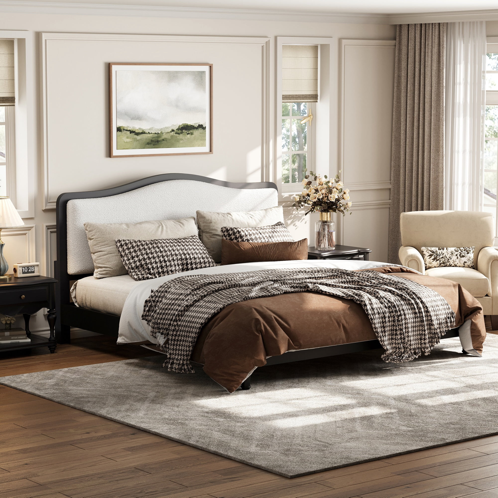 MODERNLUXE Queen Size Platform Bed with Upholstery Headboard, Black
