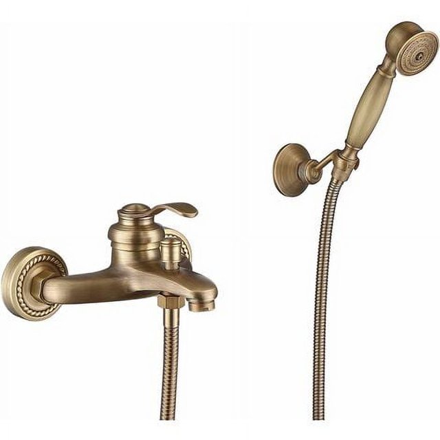 Grifo de bañera con ducha de mano, grifo de ducha con acabado de latón antiguo, montado en la pared con soporte y manguera de ducha para baño