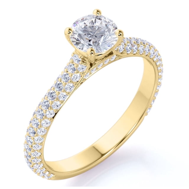JeenMata Anillo de Compromiso de Moissanita de Fuego de Corte Redondo de 1,75 Quilates - Anillo de Compromiso Clásico - Anillo de Racimo - Oro Amarillo de 18 K sobre Plata