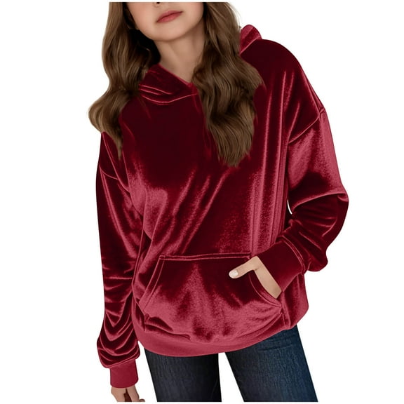 Ltctricy Children's Velour Hoodies Unisex Girls Boys Long Sleeve Hooded Pullover Sweatshirts Fall Winter Clothes with Pocket(Wine,14-15 Years)