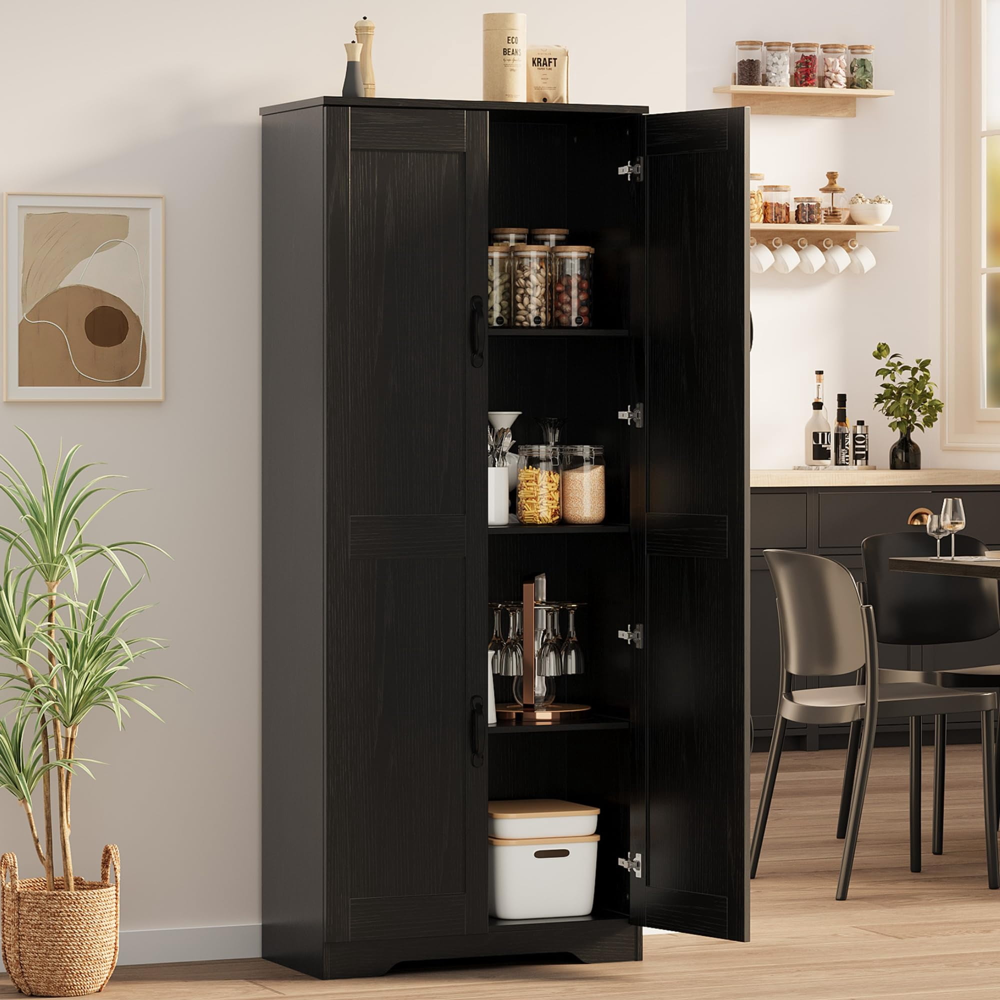 Danolapsi Kitchen Pantry Cabinet, Freestanding Black Pantry Storage Cabinet, 60" Cupboard, Tall Bathroom Storage Cabinet with 2 Doors and Adjustable Shelves, for Dining Room, Living Room