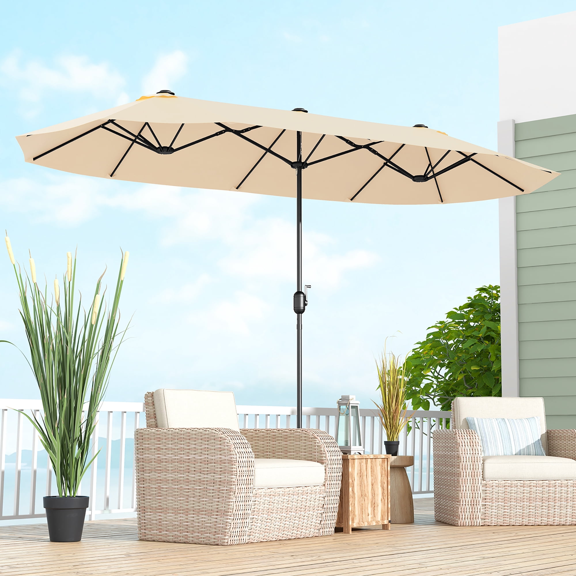 Gymax 13FT Double-sided Patio Umbrella w/ Crank Handle Umbrella Base Safety Lock Beige