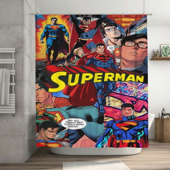 Superman Shower Curtain Cartoon Art Bath Shower Curtains with 12 Hooks, Waterproof Washable Polyester Bathroom Home Decor Set 72x72 Inch, Iron