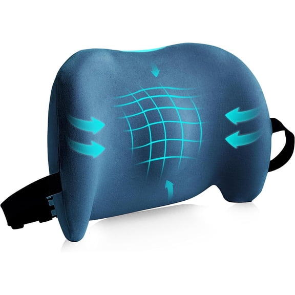 Ergonomic Memory Foam Lumbar Support Pillow Blue with Adjustable Straps, Back Pain Relief Waist Cushion for Office, Gaming Chair, Car Seat and Bed