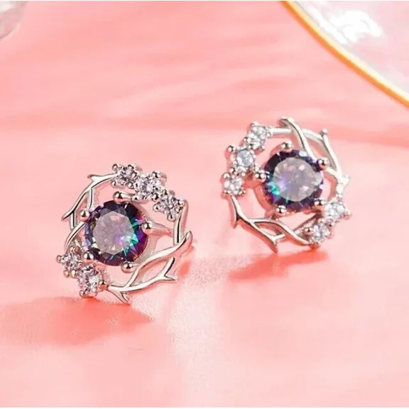 2.10Ct Round Cut Natural Alexandrite Stud Earrings 14k White Gold Plated Silver