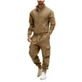 thumbnail image 6 of RYDCOT Men's 2 Piece Outfits Long Sleeve Pocket 1/4 Zipper Polo Sweatshirt and Cargo Sweatpants Tracksuit Set Khaki, 6 of 9