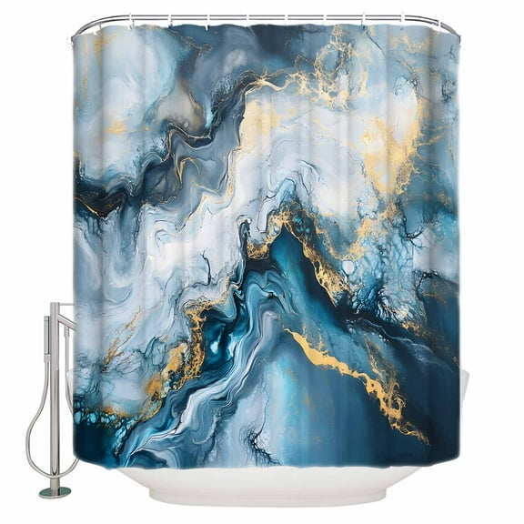 Extra Long Shower Curtain 72x84 Inch, Teal Marble Shower Curtain Waterproof Bathroom Decor Modern Contemporary Luxury Yellow Fabric Bath Curtain Set Accessories with Hooks