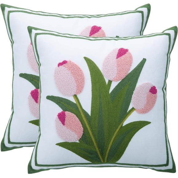 lkijhrd Embroidered Throw Pillow Covers 18x18 Inch  Pink Magnolia Flower Spring Pillowcases Farmhouse Canvas Square Cushion Covers for Living Room Sofa Bed
