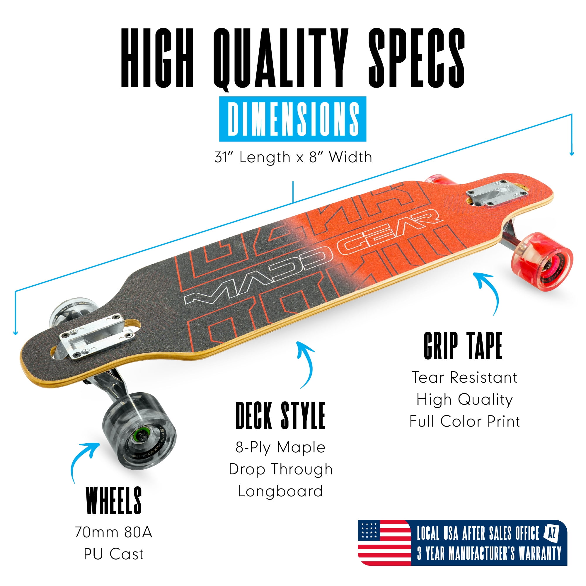 Longboard Drop-Through Cruiser Complete Skateboard – 31" Maple Wood Deck for All Ages – Aluminum Trucks with Smooth Fast Wheels - Madd Gear