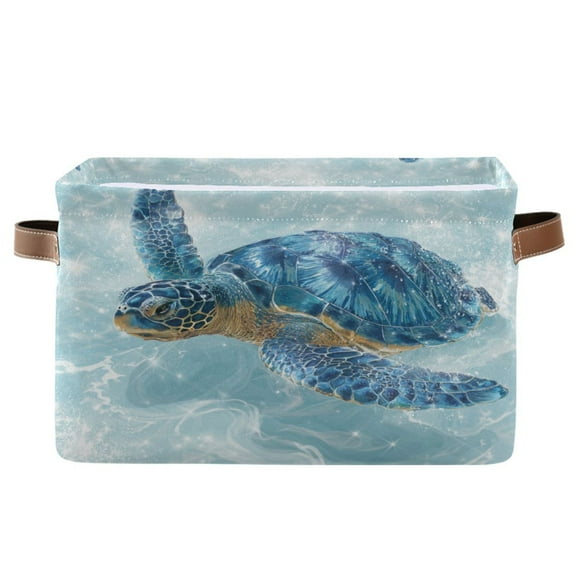 WOBOGO Blue Sea Turtle Square Storage Basket with Waterproof Canvas and PE Lining Durable PU Leather Handles 14.2×10.2×8.3in