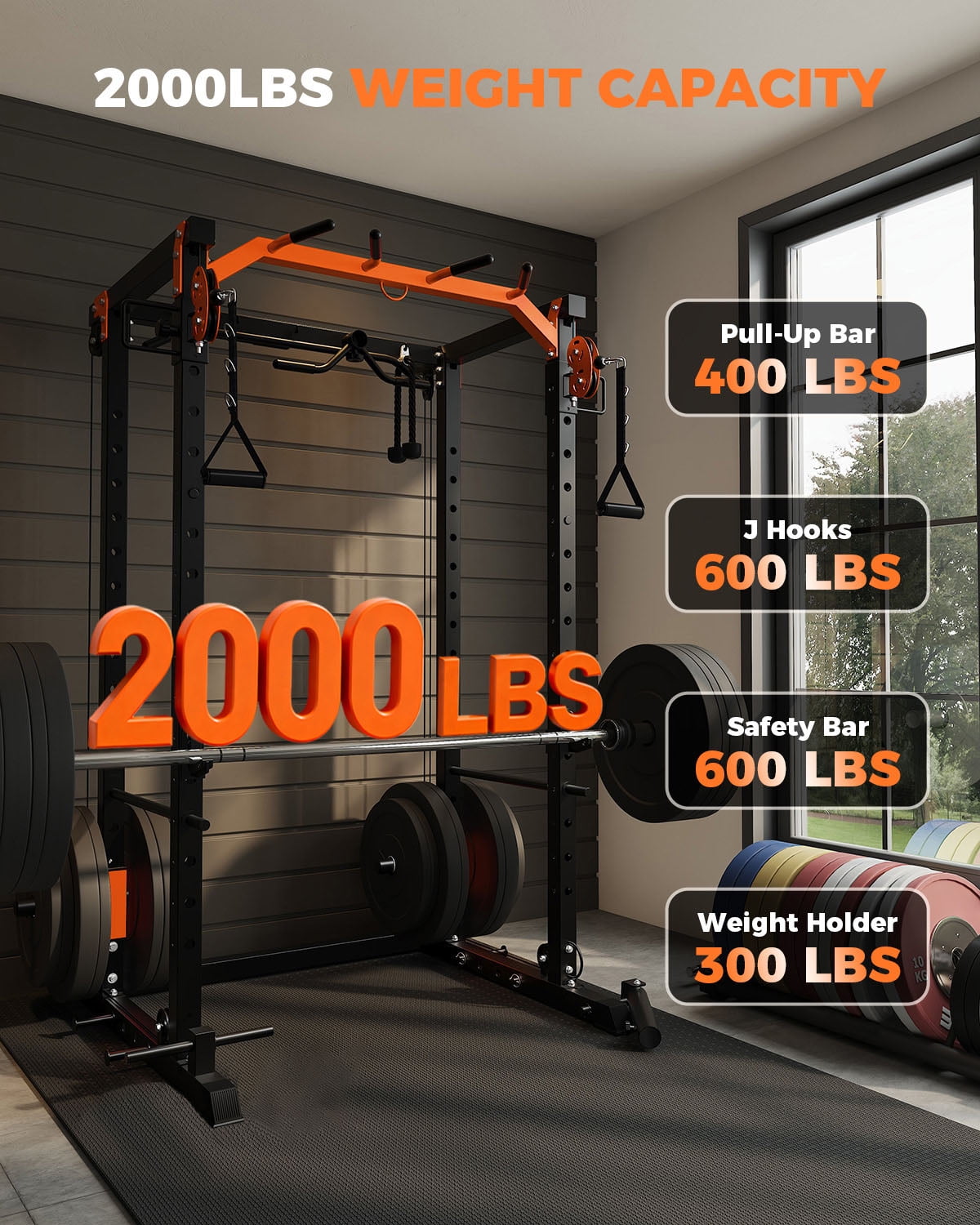 GARVEE Multi-Functional Squat Rack with LAT Pulldown System Exercise Power Cages,2000lb Capacity,Black&Orange