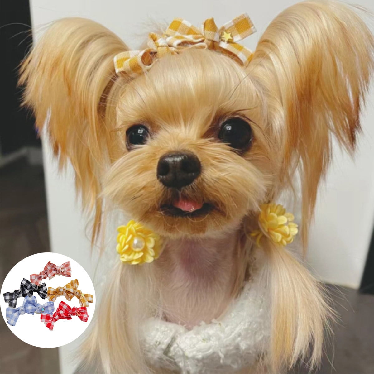 Cute Pet Dog Hair Bows with Rubber Bands Pearls Grid Pet Dog Grooming Accessory 