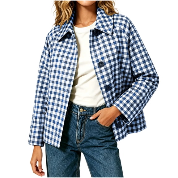 BXJX Womens Plaid Shackets, Lapel Collar Lightweight Button Down Long Sleeve Shacket Jackets with Pockets Blue Size S-2XL