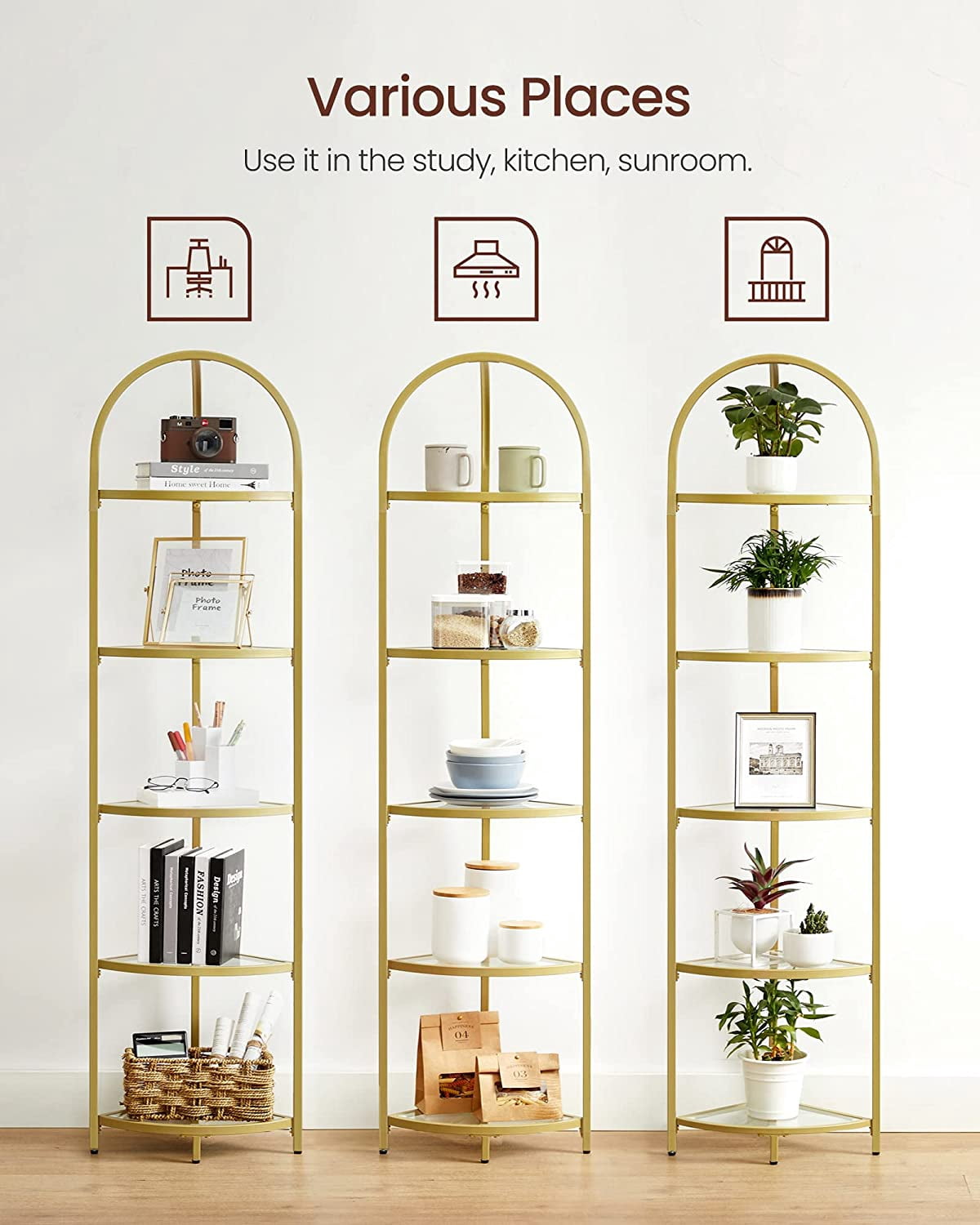 Corner Shelf, 5 Tier Corner Bookshelf,Tempered Glass Shelves