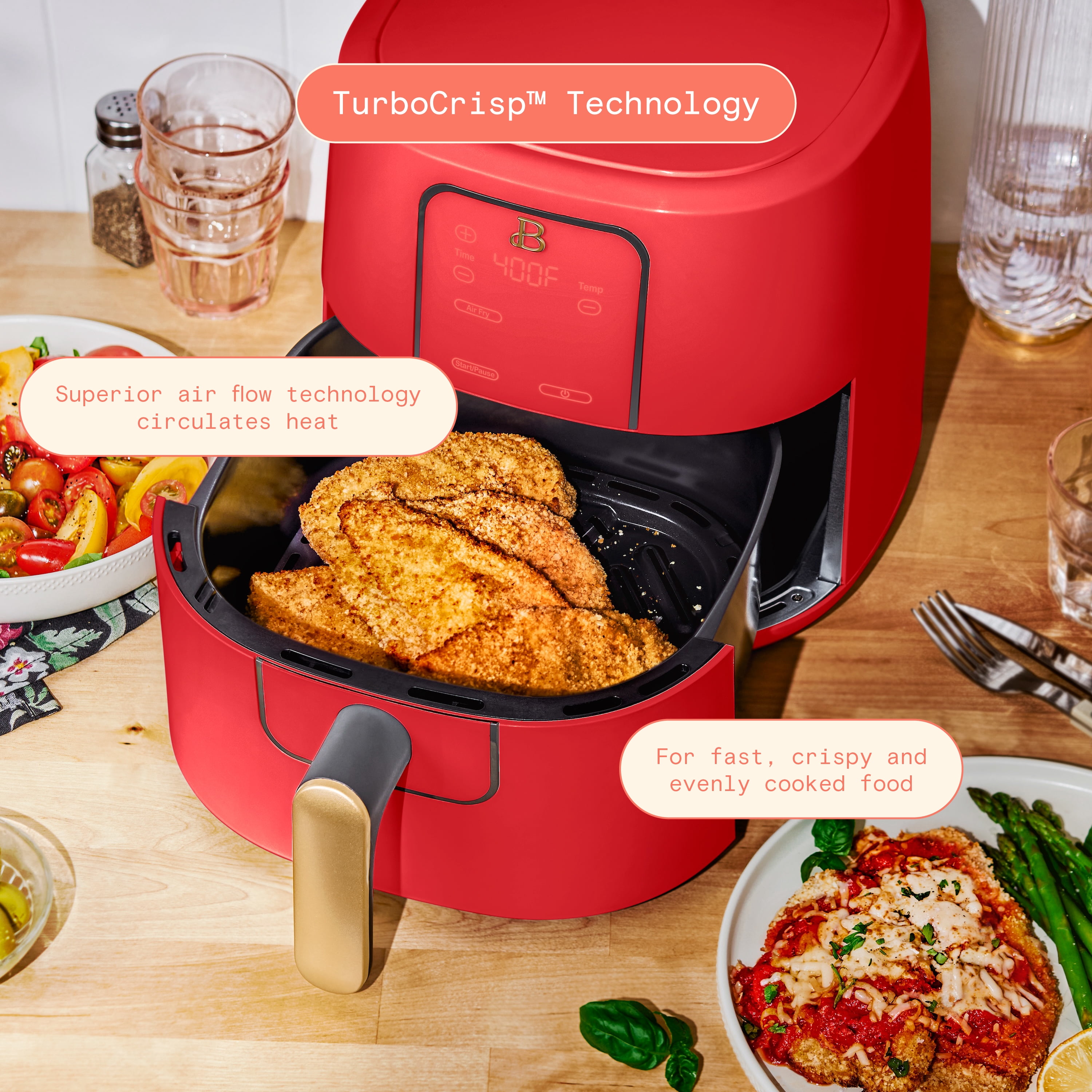 Beautiful 6 Qt Air Fryer with TurboCrisp Technology, EverGood Ceramic Nonstick Coating, Tomato Red by Drew Barrymore