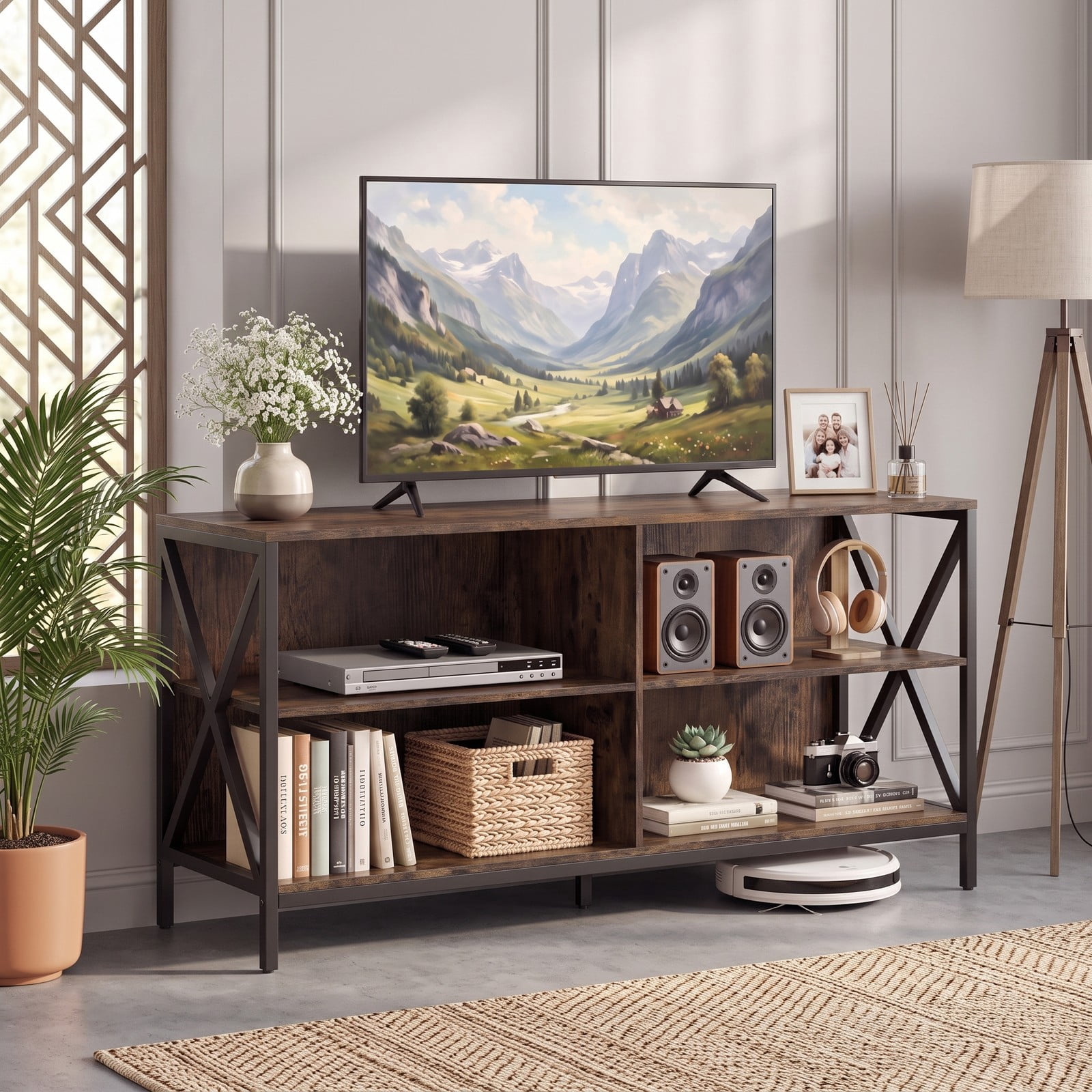 Furnibear Wooden TV Stand Entertainment Center for TVs up to 55 Inch, X-Shaped Metal Frame Media Console with Open Storage Shelves for Living Room, Rustic Brown & Black