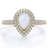 JeenMata Pave Set 1.5 Carat Pear Shaped White Opal and Moissanite Double Halo Cluster Engagement Ring in 18K Yellow Gold Plating over Silver