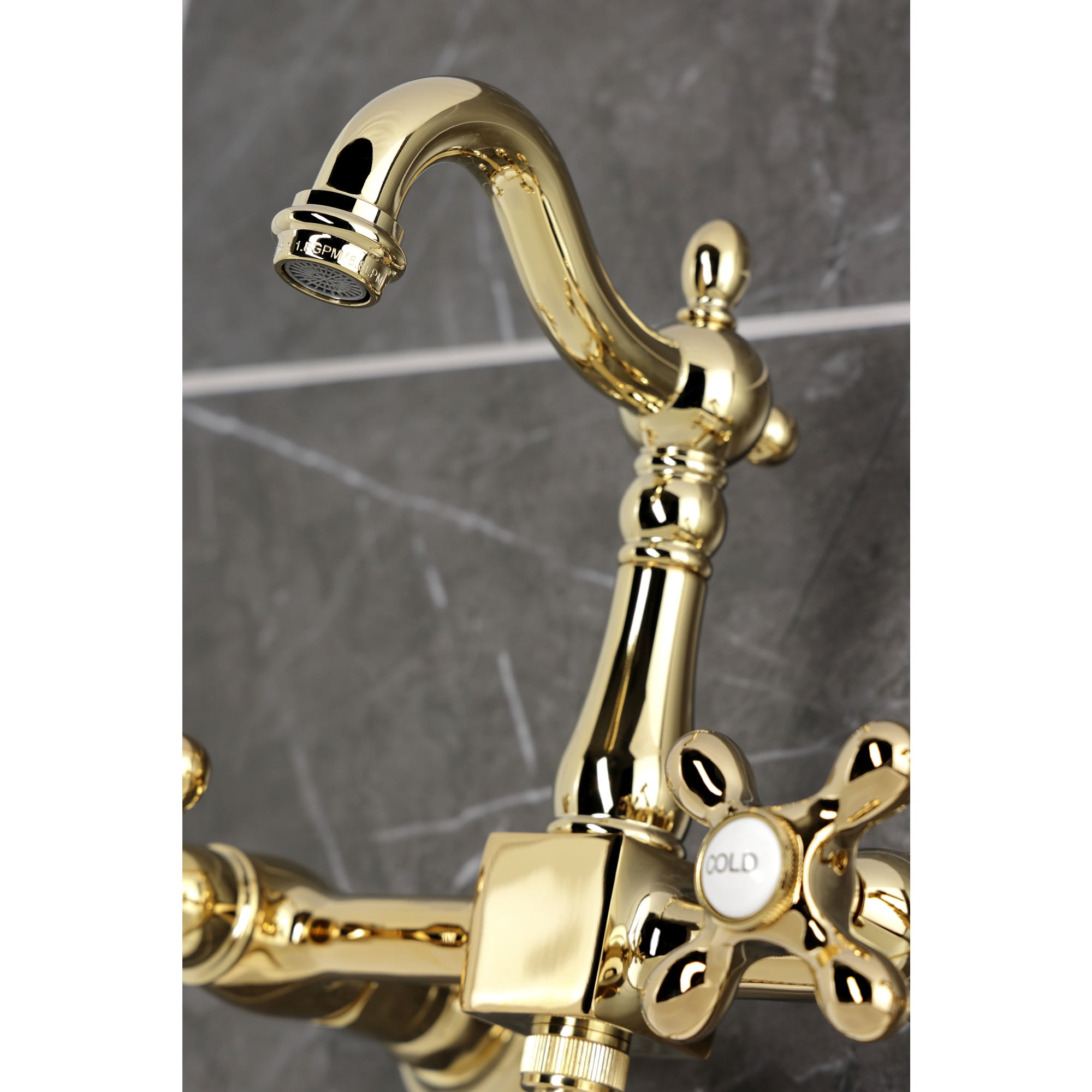 Kingston Brass KS2442AXBS Heritage Double-Handle Wall-Mount Bridge Kitchen Faucet with Brass Sprayer, Polished Brass