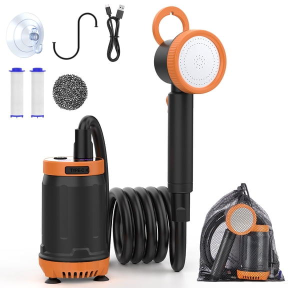 Portable Camping Shower, 8000mAh Rechargeable Shower Pump with Intelligent LED Display & Filtered Shower Head, IPX7 Waterproof Outdoor Camp Shower Pump for Hiking, RV, Travel, Car, Pet