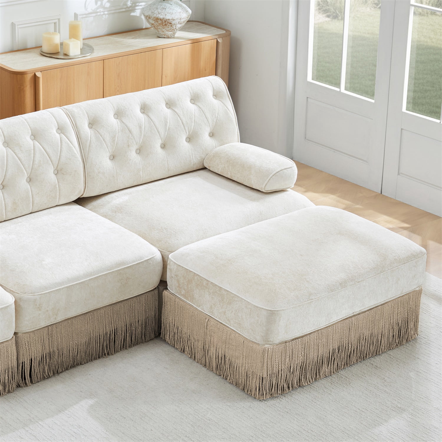 Hommoo Comfort Velvet Fabric Sofa with Right Arm, Button Tufted Design & Floor-grazing TasseL, Beige