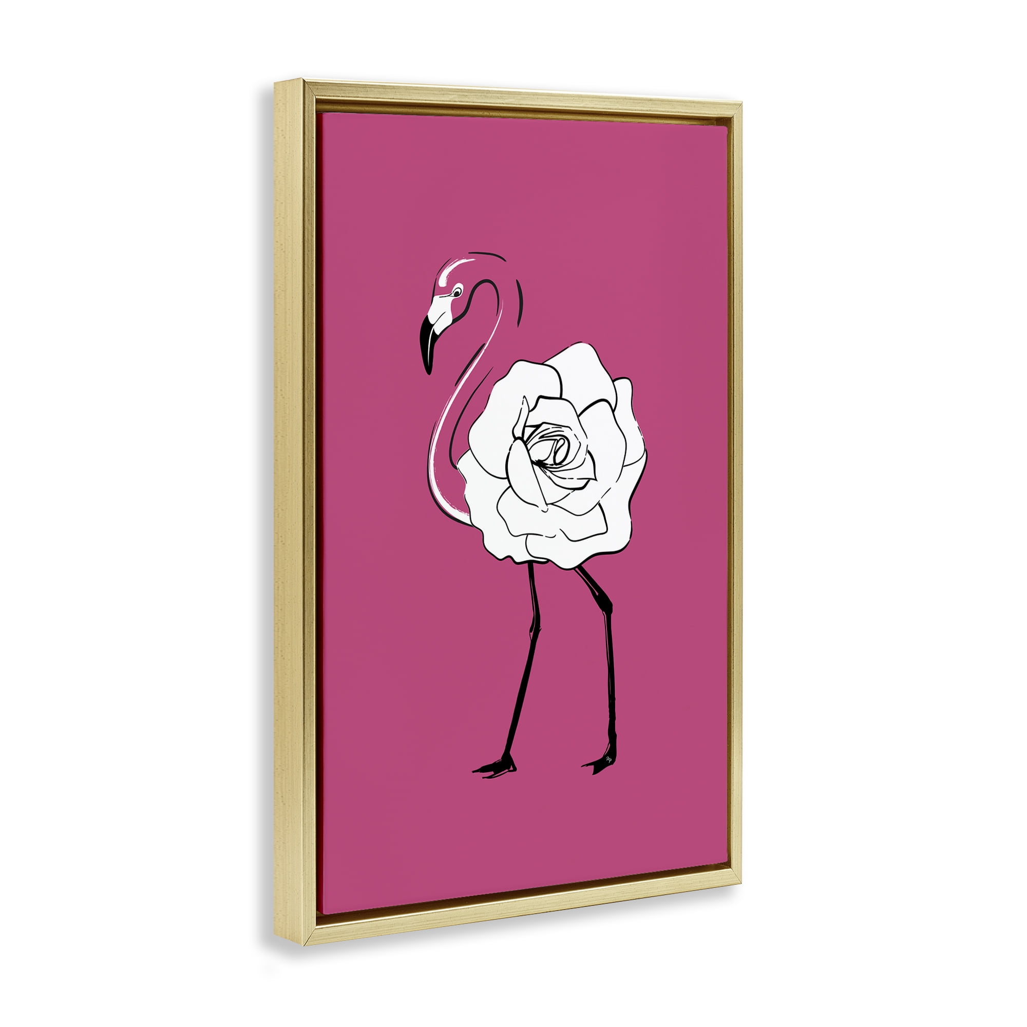 Stupell Industries Rose Blossom Flamingo Animals & Insects Painting Gold Floater Framed Canvas Art Print Wall Art, 17 x 25