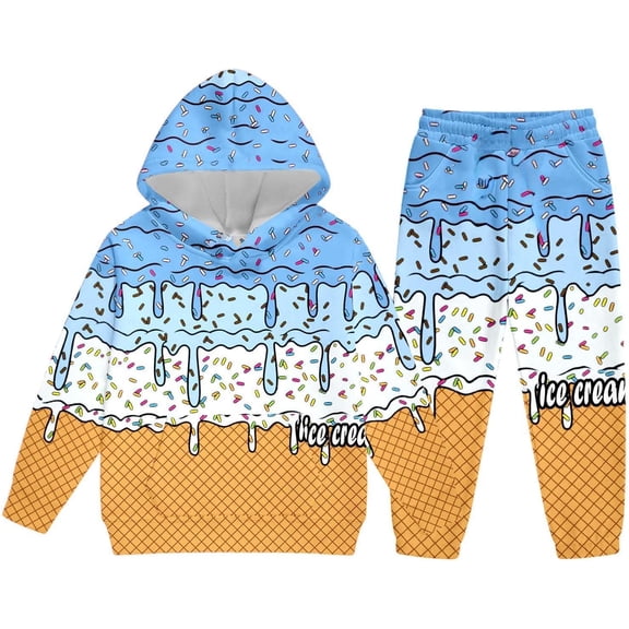 Youpwaven Unisex Ice Cream Sweatsuit 2 Piece Clothing Set Cute Preppy Ice Cream Drip Print Hoodie and Sweatpants Outfits Set for B'o'ys G'i'rls, Size 3-14Y