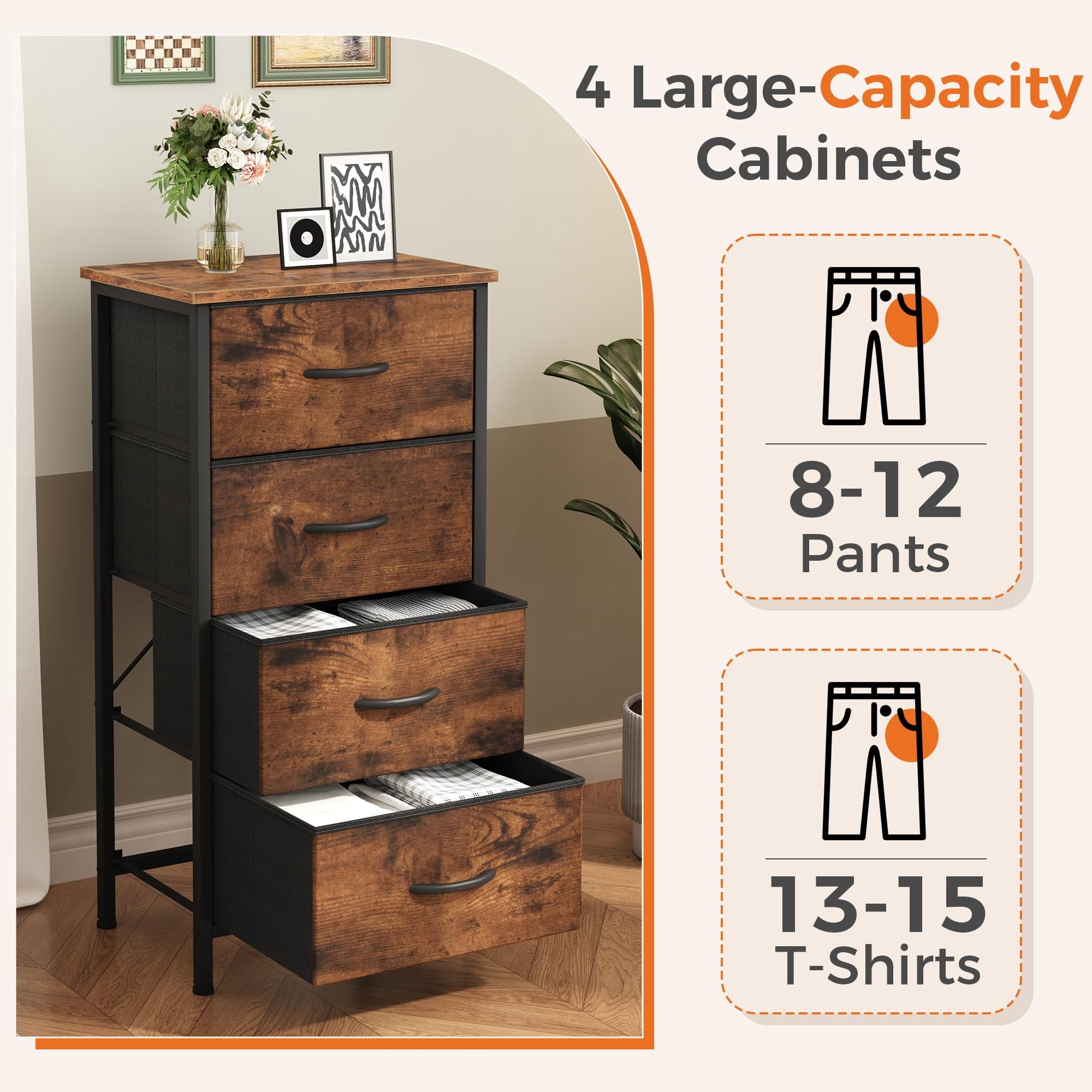 Telyra 4-Drawer Fabric Dresser 37.4" Tall Storage Tower with Wood Top and Steel Frame Narrow Organizer, Rust