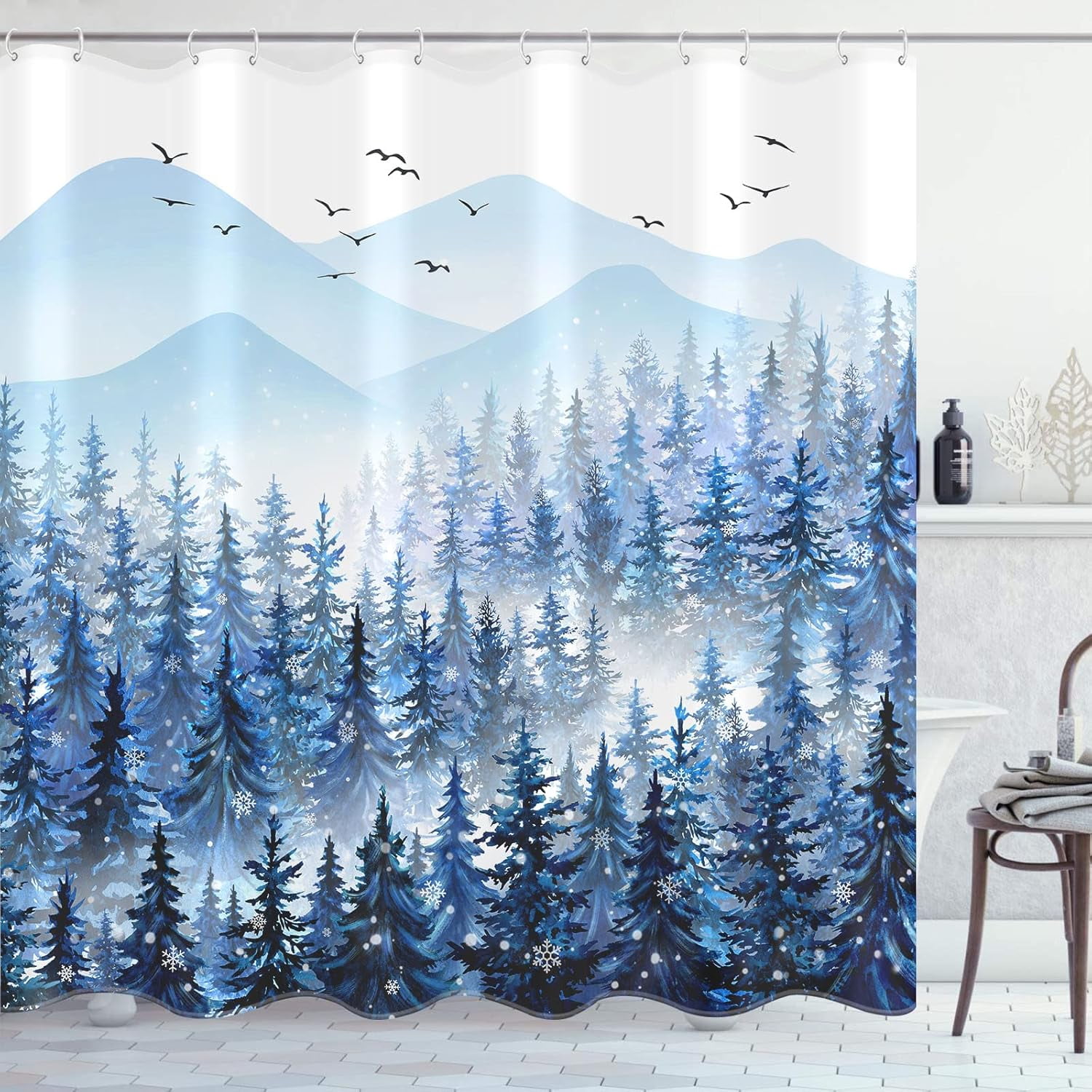 Winter Misty Forest Shower Curtain Christmas Snowflake Pine Tree Waterproof Fabric Shower Curtains for Bathroom Blue White Nature Mountain Xmas Snow Trees Bath Curtain Decor 72×72 Inches