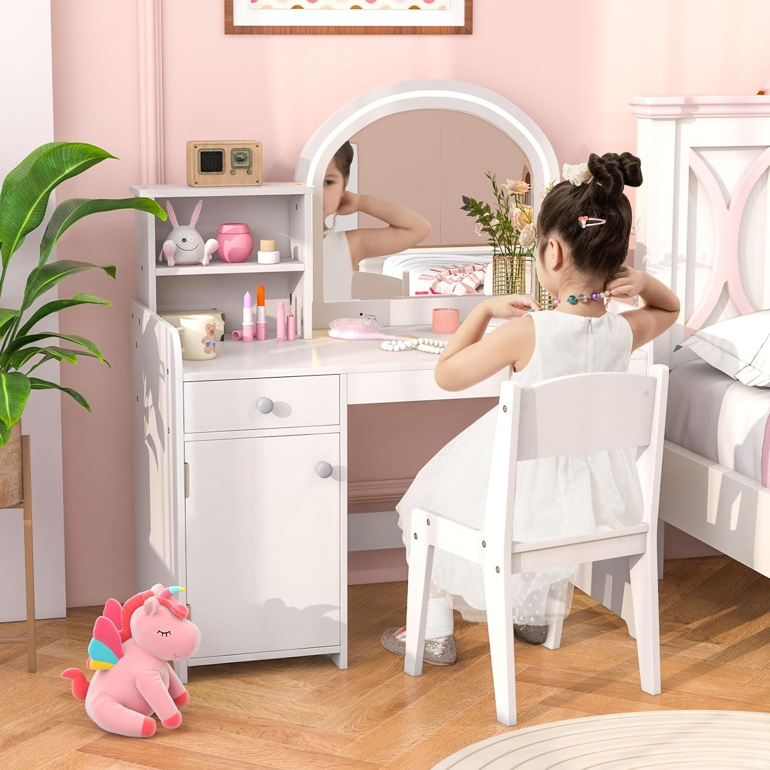 INFANS Kids Vanity, Princess Makeup Desk and Chair Set with Lights Mirror Drawer Storage Shelves, Wooden Dressing Table, Pretend Play Vanity Set for Toddler Girls