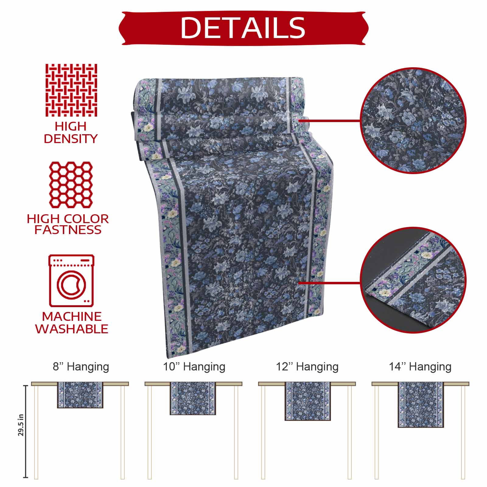 Table Runners 90 Inches Long Dress Scarves, Navy Blue Floral Farmhouse Coffee/Dining/Kitchen Table Runner for Living Room, Ethnic Tribe Abstract Art Flowers 13x90 Inch