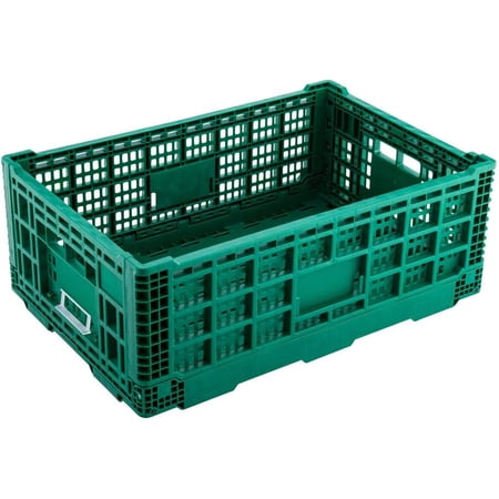 Cater Tek 43 Liter Collapsible Crate, 1 Stakable Storage Crate - With Handles, Mesh Design, Green Plastic Folding Crate, Heavy-Duty, For Home, Garage, Or Use