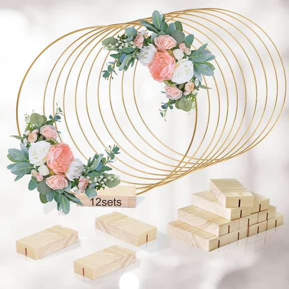 12Pcs 12 Inch Floral Hoop Centerpiece with Stand for Table, Metal Center Pieces with Wood Base Gold Circle Centerpieces for Wedding Reception, DIY Table Centerpieces, Wall Hanging Crafts